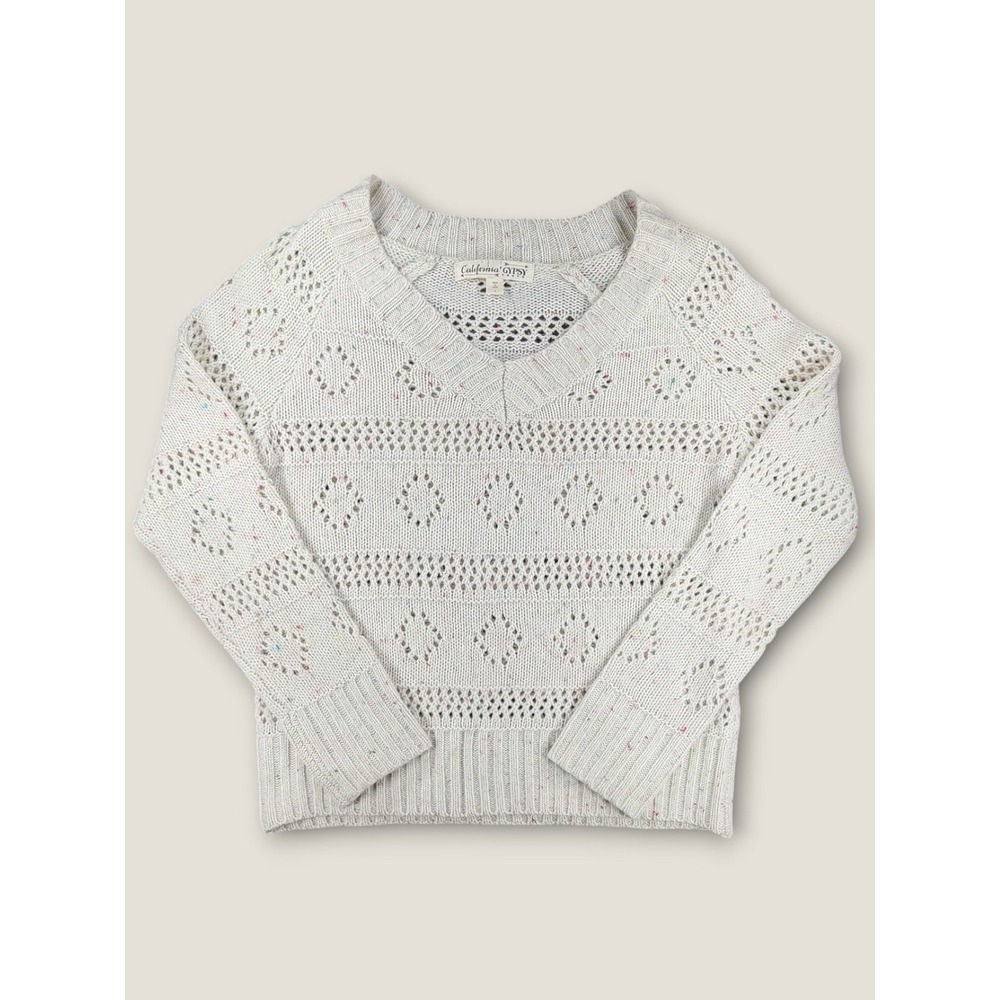 California Gypsy Sweater L Cream Confetti Knit Pointelle V-Neck‎ Boho Pullover